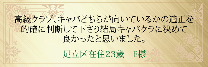 高級クラブ、キャバどちらが向いているのかの適正を的確に判断して下さり結局キャバクラに決めて良かったと思いました。足立区在住２３歳　E様より