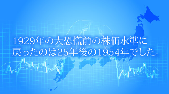 1929年の大恐慌前の株価牛準に戻ったのは25年後の1954年でした