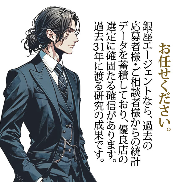 銀座エージェントなら、過去の応募者様、ご相談者様からの統計データを蓄積しており、優良店の選定に確固たる確信があります。過去３1年に渡る研究の成果です。